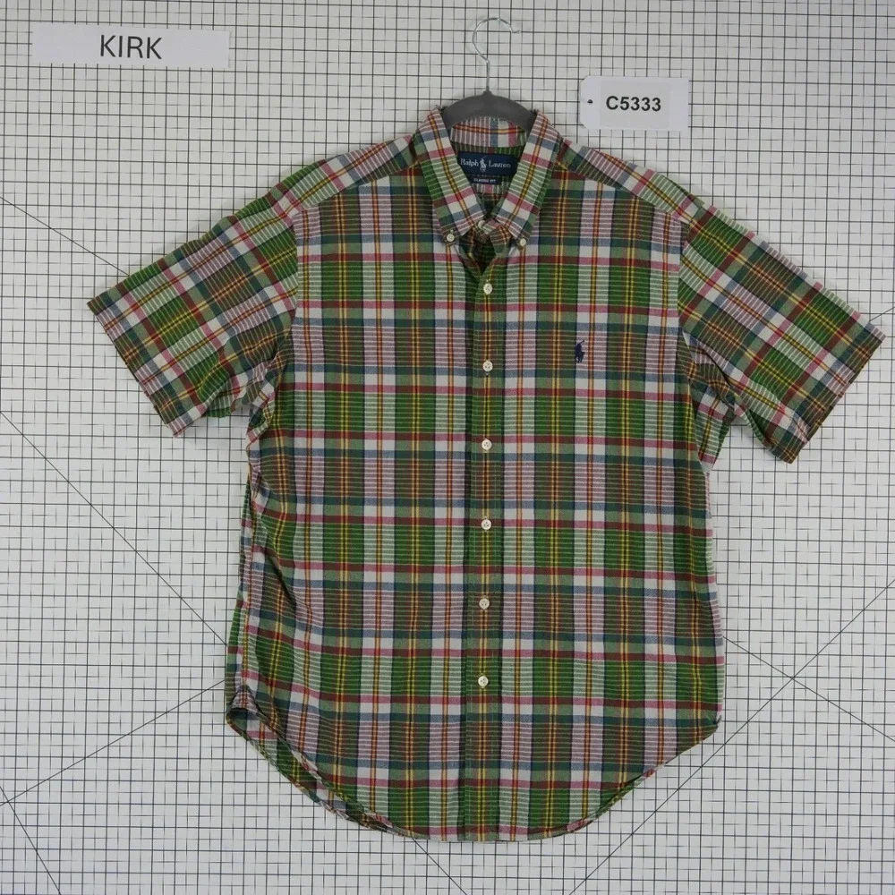 Ralph Lauren Green Plaid Button Down Shirt Men's Size Large Pony 100% Cotton S/S